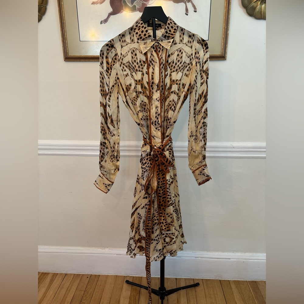 ROBERTO CAVALLI SILK Shirt DRESS Size S Made in Italy TIE ANIMAL PRINT
